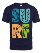 Colorful Surf Typography Beach Summer Retro Graphic Tee - navy t-shirt on white background