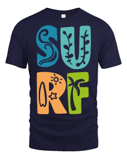 Colorful Surf Typography Beach Summer Retro Graphic Tee - navy t-shirt on white background