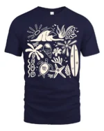 Retro Beach Icons Ocean Summer Coastal Graphic Tee - navy t-shirt on white background