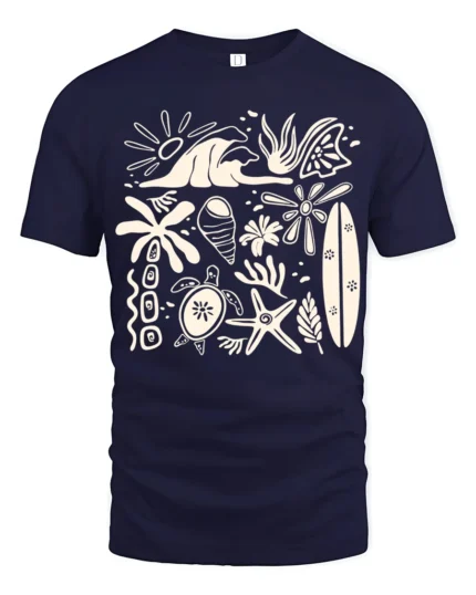 Retro Beach Icons Ocean Summer Coastal Graphic Tee - navy t-shirt on white background
