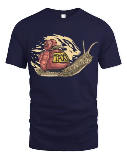 Funny Slow Taxi Snail Humor Cartoon Graphic Tee - navy t-shirt on white background