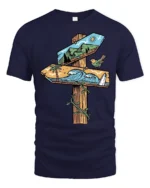 Nature Direction Sign Adventure Beach Mountain Graphic Tee - navy t-shirt on white background