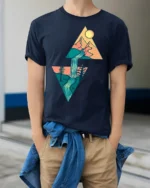 Geometric Mountain Waterfall Nature Adventure Graphic Tee - model wearing navy tee with hands in pockets