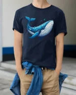 Majestic Blue Whale Ocean Marine Life Artistic Graphic Tee - model wearing navy tee with hands in pockets