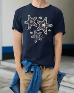 Retro Starfish Ocean Aesthetic Coastal Beach Graphic Tee - model wearing navy tee with hands in pockets
