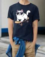 Cool Skateboarding Cat Funny Sunglasses Cartoon Graphic Tee - model wearing navy tee with hands in pockets