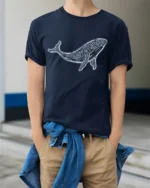 Artistic Tribal Whale Ocean Nature Inspired Graphic Tee - model wearing navy tee with hands in pockets