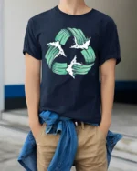 Ocean Wave Circle Symbol Surf Style Minimal Graphic Tee - model wearing navy tee with hands in pockets