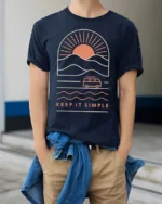 Keep It Simple Retro Sunset Van Life Minimalist Graphic Tee - model wearing navy tee with hands in pockets
