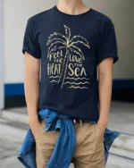 Feel The Heat Love The Sea Tropical Beach Summer Graphic Tee - model wearing navy tee with hands in pockets