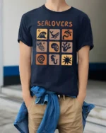 Sea Lovers Retro Ocean Creatures Aesthetic Graphic Tee - model wearing navy tee with hands in pockets