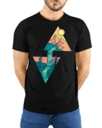 Geometric Mountain Waterfall Nature Adventure Graphic Tee - model wearing black tee with hands behind back
