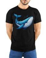 Majestic Blue Whale Ocean Marine Life Artistic Graphic Tee - model wearing black tee with hands behind back