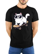 Cool Skateboarding Cat Funny Sunglasses Cartoon Graphic Tee - model wearing black tee with hands behind back