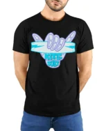 Kite Surf Shaka Hand Sign Ocean Adventure Graphic Tee - model wearing black tee with hands behind back