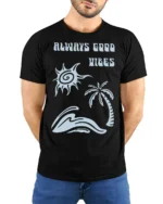 Always Good Vibes Retro Beach Wave Positive Graphic Tee - model wearing black tee with hands behind back