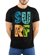 Colorful Surf Typography Beach Summer Retro Graphic Tee - model wearing black tee with hands behind back