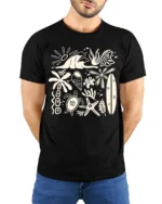 Retro Beach Icons Ocean Summer Coastal Graphic Tee - model wearing black tee with hands behind back