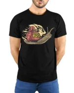 Funny Slow Taxi Snail Humor Cartoon Graphic Tee - model wearing black tee with hands behind back