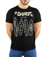 Surf Club Retro Surfboards Beach Lifestyle Graphic Tee - model wearing black tee with hands behind back