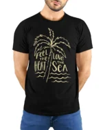 Feel The Heat Love The Sea Tropical Beach Summer Graphic Tee - model wearing black tee with hands behind back