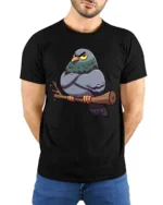 Grumpy Pigeon Funny Attitude Cartoon Bird Graphic Tee - model wearing black tee with hands behind back