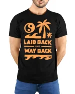 Laid Back Since Way Back Retro Beach Chill Vibes Graphic Tee - model wearing black tee with hands behind back