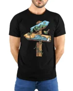 Nature Direction Sign Adventure Beach Mountain Graphic Tee - model wearing black tee with hands behind back