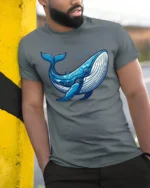 Majestic Blue Whale Ocean Marine Life Artistic Graphic Tee - model wearing grey tee, leaning on column