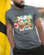 Salty Soul Tropical Beach Picnic Summer Vacation Graphic Tee - model wearing grey tee, leaning on column