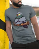 Grumpy Pigeon Funny Attitude Cartoon Bird Graphic Tee - model wearing grey tee, leaning on column