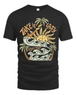 Take It Easy Retro Surf Beach Sunset Graphic Tee Tshirt - black t-shirt on white background