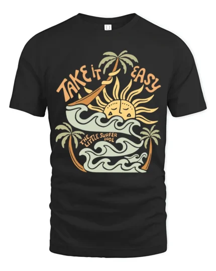Take It Easy Retro Surf Beach Sunset Graphic Tee Tshirt - black t-shirt on white background