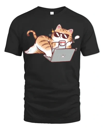 Funny Lazy Cat Working From Home Cartoon Graphic Tee Tshirt - black t-shirt on white background