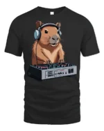 Funny DJ Capybara Music Lover Animal Graphic Tee Tshirt - black t-shirt on white background