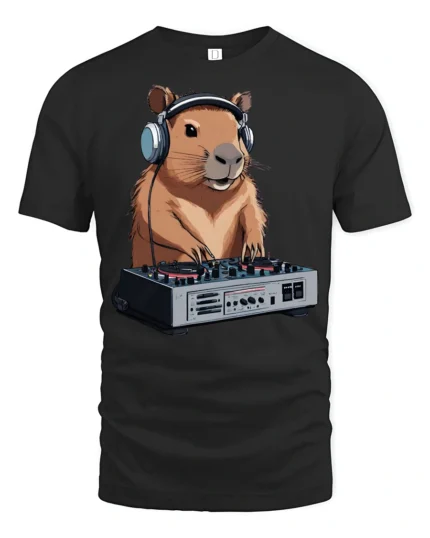 Funny DJ Capybara Music Lover Animal Graphic Tee Tshirt - black t-shirt on white background