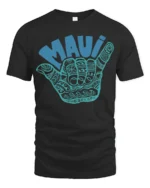Maui Shaka Hand Hawaiian Surf Culture Graphic Tee Tshirt - black t-shirt on white background