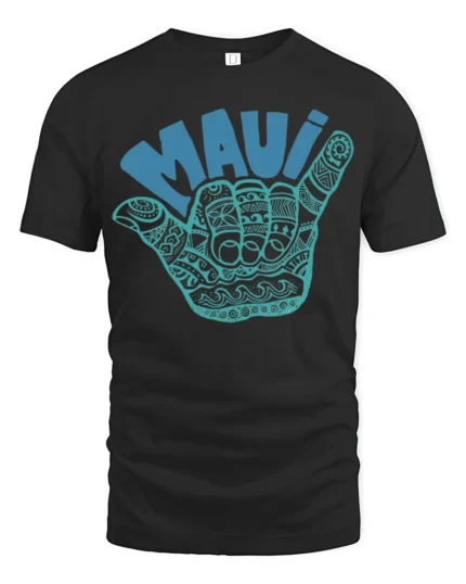 Maui Shaka Hand Hawaiian Surf Culture Graphic Tee Tshirt - black t-shirt on white background