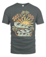 Take It Easy Retro Surf Beach Sunset Graphic Tee Tshirt - gray t-shirt on white background