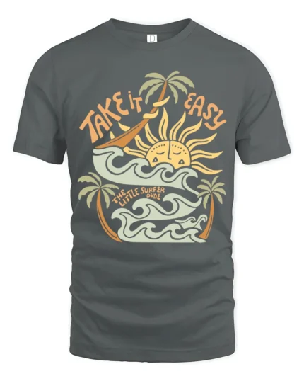 Take It Easy Retro Surf Beach Sunset Graphic Tee Tshirt - gray t-shirt on white background
