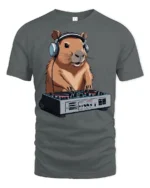 Funny DJ Capybara Music Lover Animal Graphic Tee Tshirt - gray t-shirt on white background