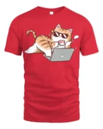 Funny Lazy Cat Working From Home Cartoon Graphic Tee Tshirt - red t-shirt on white background