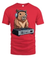 Funny DJ Capybara Music Lover Animal Graphic Tee Tshirt - red t-shirt on white background