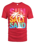 Sun Salt Sand Retro Tropical Beach Sunset Graphic Tee Tshirt - red t-shirt on white background
