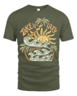 Take It Easy Retro Surf Beach Sunset Graphic Tee Tshirt - military green t-shirt on white background