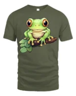 Cute Tree Frog Cartoon Nature Wildlife Graphic Tee Tshirt - military green t-shirt on white background