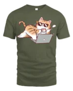 Funny Lazy Cat Working From Home Cartoon Graphic Tee Tshirt - military green t-shirt on white background