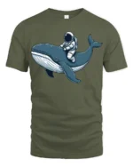 Astronaut Riding Whale Space Ocean Adventure Graphic Tee Tshirt - military green t-shirt on white background