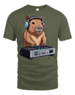 Funny DJ Capybara Music Lover Animal Graphic Tee Tshirt - military green t-shirt on white background