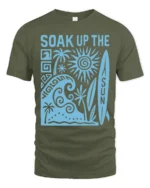 Soak Up The Sun Retro Surf Beach Vibes Graphic Tee Tshirt - military green t-shirt on white background
